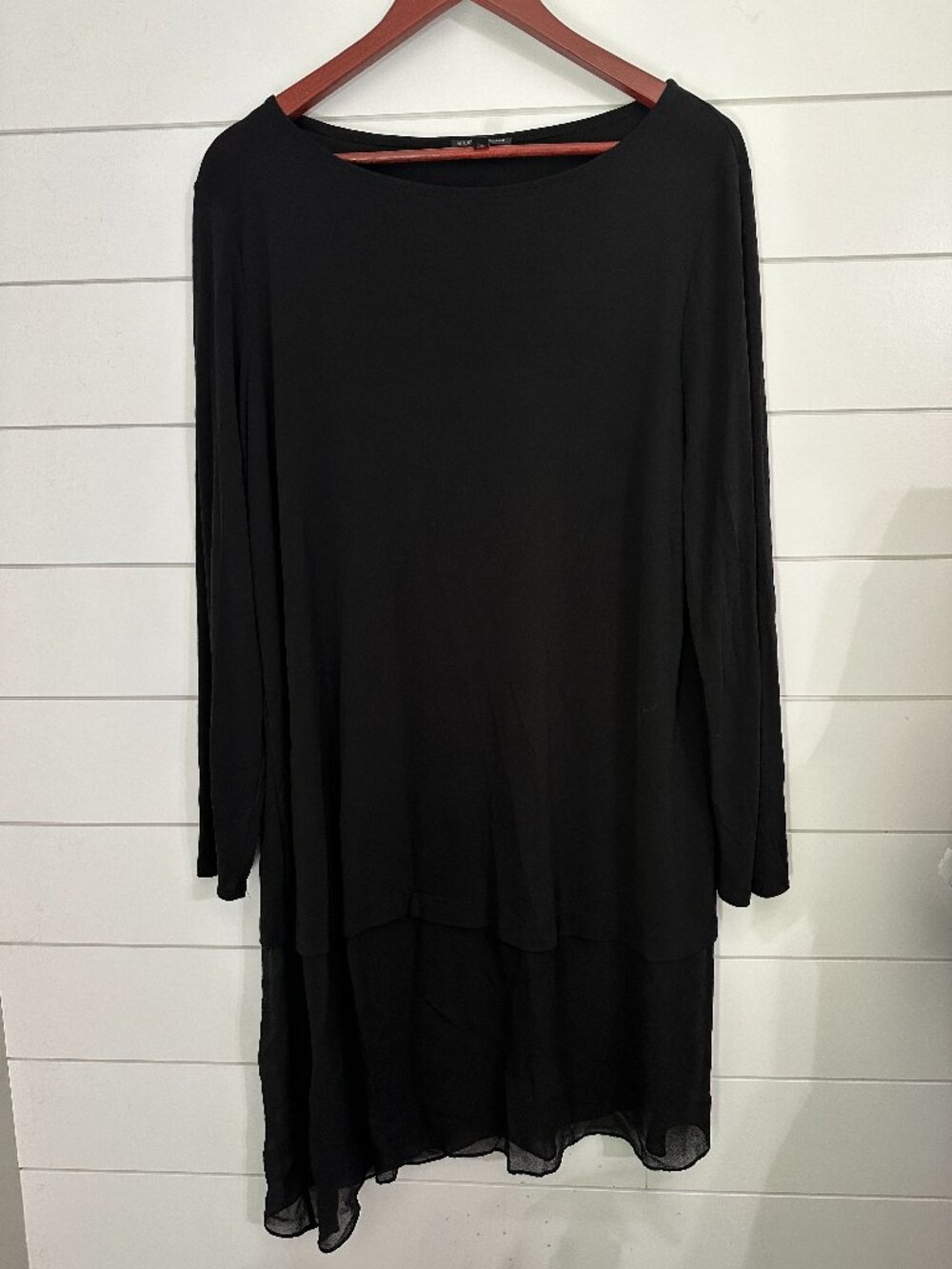 Eileen Fisher Tunic Top Long Sleeves Large Black Silk Jersey Asymmetrical Shirt